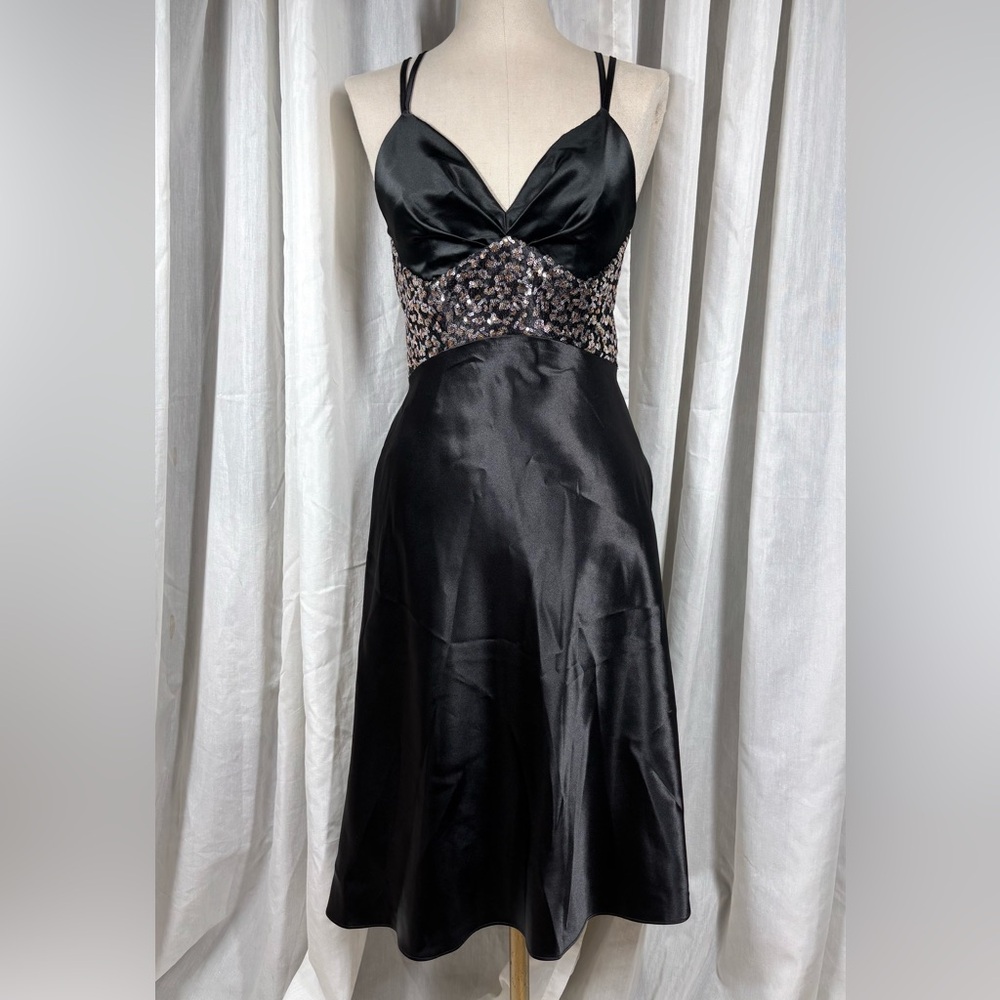 Gunne Sax Y2K Satin‎ Black Dress 5 Small Formal Sequins Whimsigoth Midi Strappy